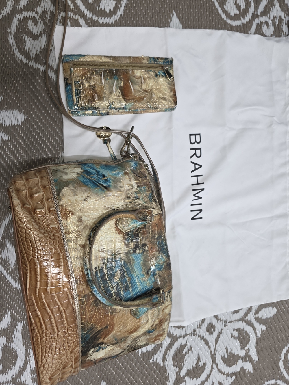 Brahmin Turquoise, Tan & Brown Croc-Embossed Satchel with Wristlet